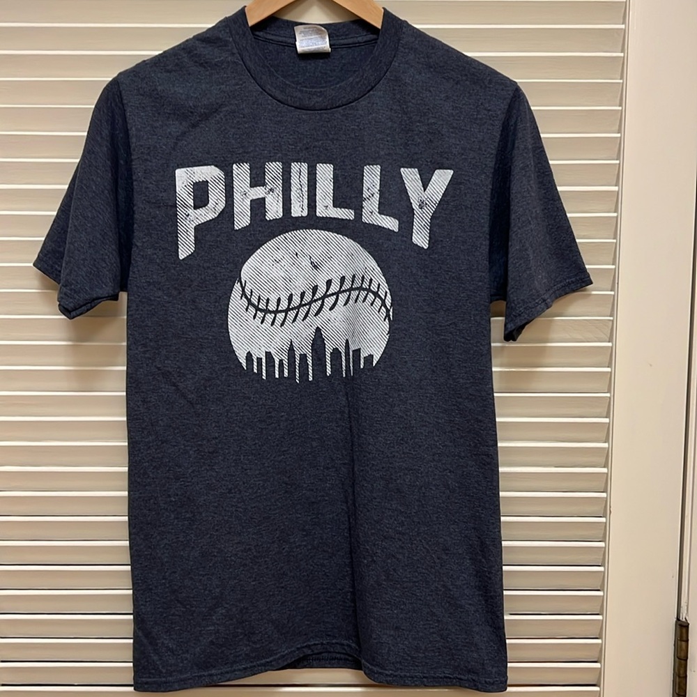 Philly Baseball Tee Shirt, Grey with Distressed White Logo, Size Small, EUC